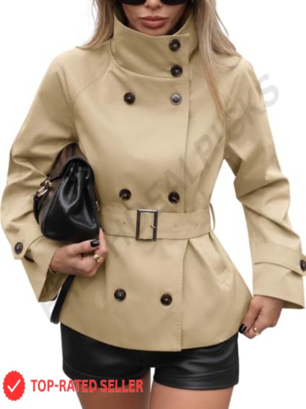 Womens Cropped Trench Coat Funnel Neck Fall Jacket with Belt 100% Polyester